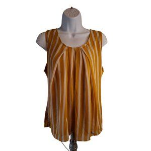 NY & Co Women Sleeveless Top M Yellow White Striped Pleated Scoop Neck Lagenlook